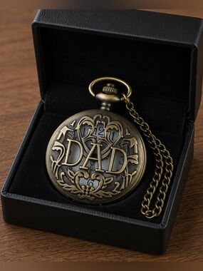 Antique-Style 'DAD' Engraved Pocket Watch - Brass Tone
